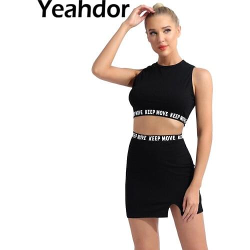 Women Letter Print Two-piece Tracksuit Sportwear Streetwear Crew Neck Sleeveless Crop Top with High Waist Split Side Skirt Set