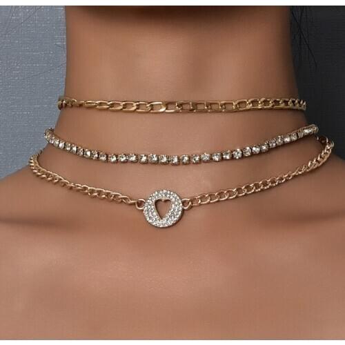 Women Fashion Crystal Heart Choker Necklace for Women Gold Color Multilayer Clavicle Chain Trendy Party Jewelry Gifts