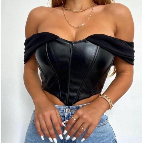Women Sexy Bustier Top Solid Sleeveless Vest Summer PU Leather Back Zipper Off Shoulder Mesh Suspender Casual Tank Chic Top