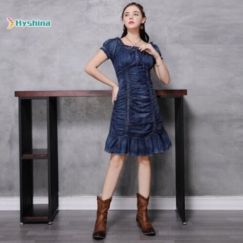 Womens Spring New Ruffle Denim Skirt Retro Short Sleeve Drawstring Fashion Dress