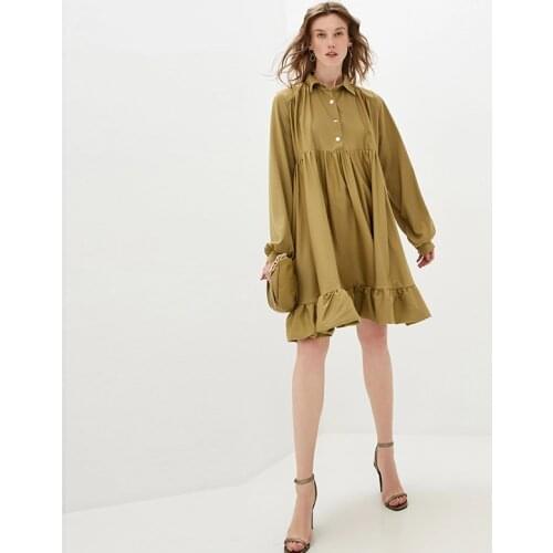Women Vintage Solid Loose Dress Turn-down Collar Lantern Long Sleeve Ruffles Ball Gown Mini Dress 2021 New Fashion Autumn Dress