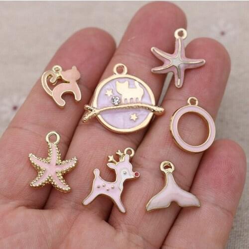 Gold Color Enamel Deer Starfish Cat Charms Pendant for Jewelry Making Bracelet Earrings DIY Accessories Craft Handmade 7pcs