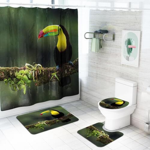 3D Shower Curtains Colorful Parrot Woodpecker Pattern Bath Rug Sets Toilet Cover Bath Mat Set Bathroom With Hooks