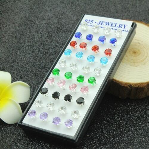 40pcs 925 sterling silver earrings Female money inlay zircon silver earrings Circular color crystal silver earrings jewelry