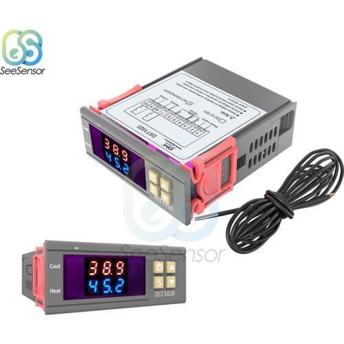 DST1020 DC 12-72V AC 110V 220V Dual Display Digital Thermostat Temperature Controller DS18B20 Sensor Waterproof Replace STC-1000