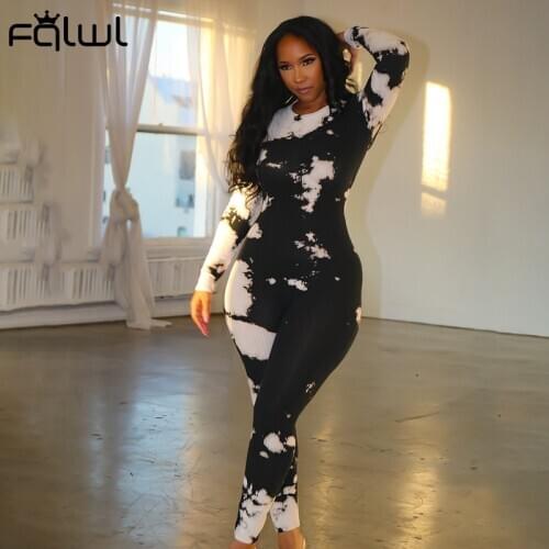 FQLWL Streetwear Ribbed Long Sleeve Black Bodycon Jumpsuit Women One Piece Outfit Tie Dye knit Ladies Jumpsuit Romper Women 2021