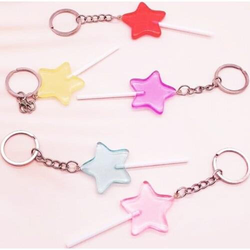 Korean Fresh Transparent Color Lolly Keychain Women Kids Charms Star Lollipop Flatback Resin Pendant for Keyring DIY Accessories