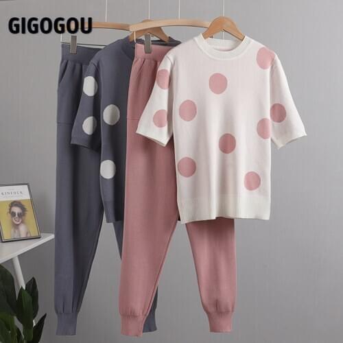 GIGOGOU Spring Polka Dot Printed 2 Piece Set Women Short Sleeve Knitted Sweater Female Top + Pants Suit Summer Tracksuits