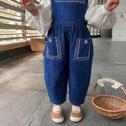 Mudkingdom Girls Kids Overalls Spring Embroidery Pocket Buttons Solid Denim Siamese Pants Toddler Fashion Casual Trousers