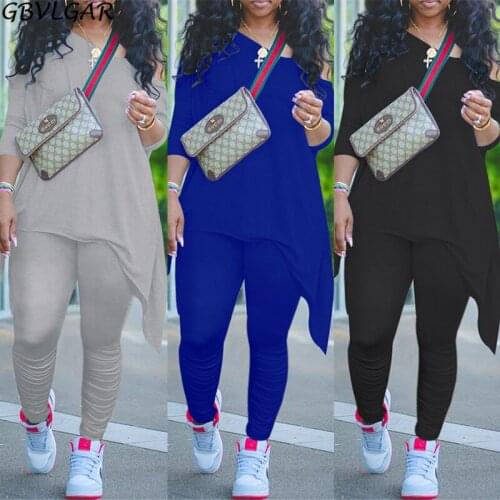 Autumn Women Active Wear Tracksuit Two Piece Set Off Shoulder Irregular Long Sleeve Tops Stacked Pants Suit Fitness Outfits