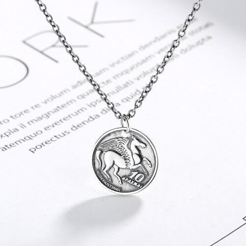 Retro 100% Authentic 925 Sterling silver Horse Coin Pendant sweater Long Necklace TLX724