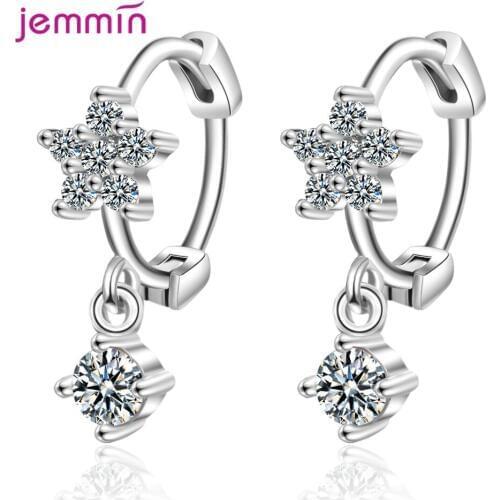 Flower Shape Hoop Earrings Paved With Shiny Crystal High Quality Genuine 925 Sterling Silver Earrings For Women Girls Wedding
