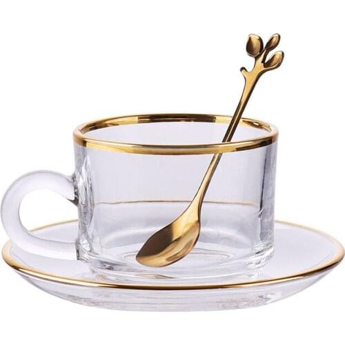 Golden edge Glass Coffee Cups,Lover Couple Mugs Heat resistant glass Teacup 1 Saucer 1 mug Set Advanced Mug For Afternoon tea