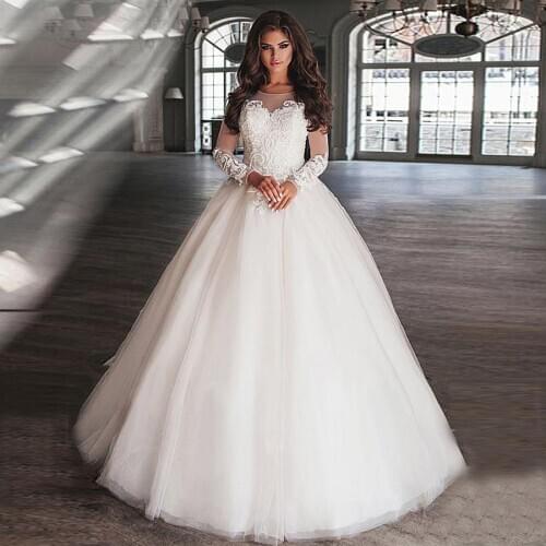 Classic O-Neck Illusion Longn Sleeve Appliques with Beaded Wedding Dresses Custom Made Tulle Bridal Gowns Vestidos De Noiva