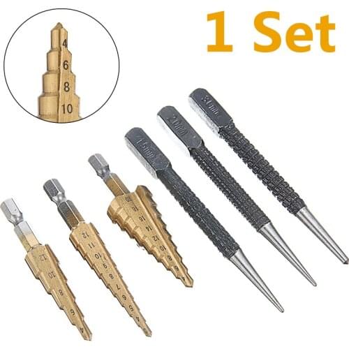3pc Hss Step Drill Bit with 3pc Center Drill Cone Hole Cutter Taper Metric 4-12/20mm 3-12mm Titanium Coated Hex Core Drill Bits