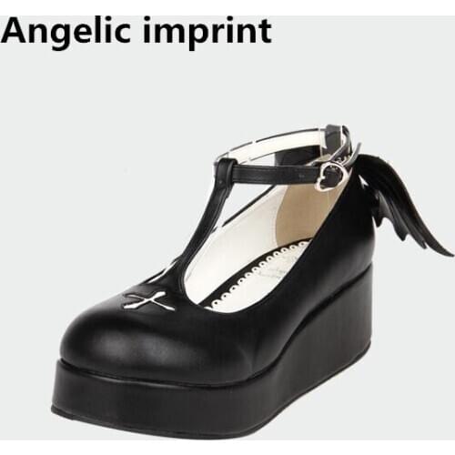 Angelic imprint woman mori girl lolita cosplay shoes lady mid heels wedges Pumps women princess dress party shoes angel wings 47
