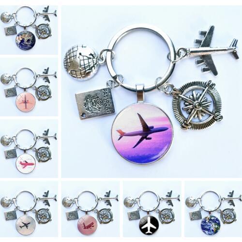 Tour around World Airplane Map Keychain Travel Discovery Discover Glass Dome Cabachon Airplane Map Charm Pendant Keychain Gift