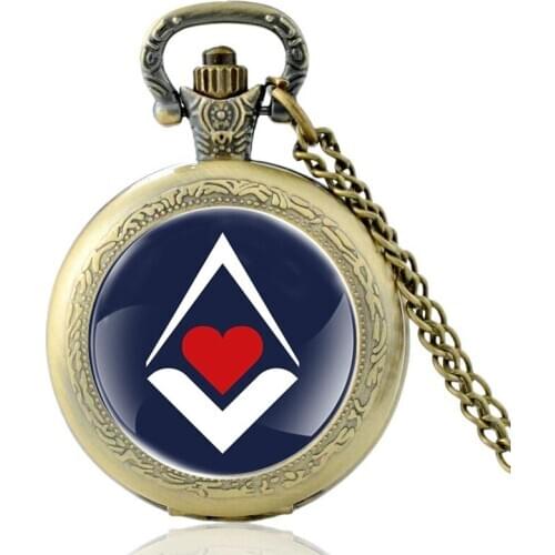 Unique Free and Accepted Masons Design Bronze Vintage Glass Dome Pocket Watch Men Women Masons Pendant Necklace Hours Clock