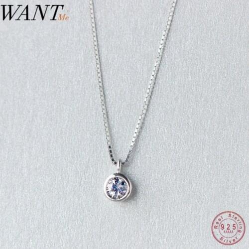 WANTME Trendy Round Pave CZ Box Chain Pendant Necklace For Women Real 100% 925 Sterling Silver Party Wedding Jewelry Accessories
