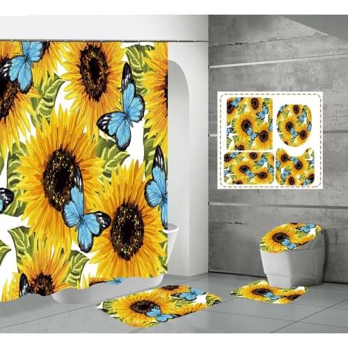 Sunflower Butterfly Shower Curtains Beautiful 3d Print Toilet Cover Bath Mat Non-Slip Rug Set Bathroom Curtain with 12 Hooks