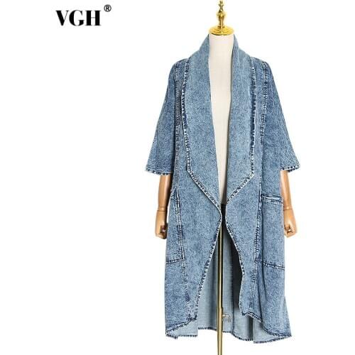 VGH Blue Loose Denim Windbreaker For Women Lapel Half Sleeve Patchwork Pocket Casual Windbreakers Female Fashion New Clothing