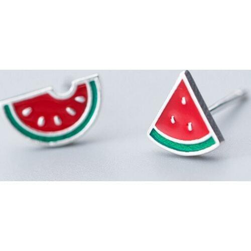 MloveAcc 100% 925 Real Sterling Silver Jewelry Fashion Tiny Asymmetric Summer Watermelon Stud Earrings for Daughter Girls