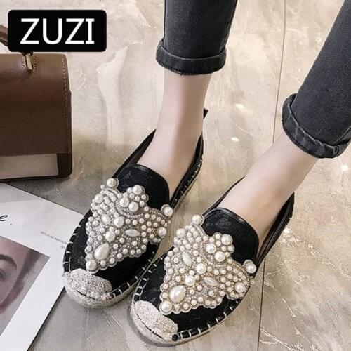 ZUZI 2021 Spring and Summer Pearl Rhinestone Loafers Womens Flat-bottomed Espadrilles Casual Lazy Shoes Women Flat Shoes