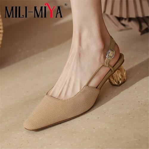 MILI-MIYA New Arrival Casual Sling Back Women Kitting Pumps Round Toe Crystal Thick Heels Buckle Strap Solid Color Dress Party