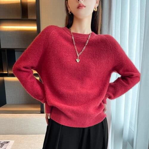 100% wool sweater new round neck women loose wild cashmere knitted pullover spring and autumn positive negative stitch sweater