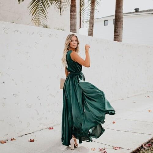 2021Women Summer New Style Bohemian Solid Color V-Neck Sleeveless High Slit Big Swing Dress Fashion Split Solid Color Girl Dress