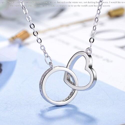Fashion Silver Color Round And Heart Circle CZ Zirconia Pendants Necklaces For Women Gift kolye choker Chain collares