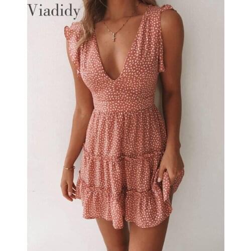 Women Summer Floral Print V Neck Sleeveless A-line Beach Style Dress