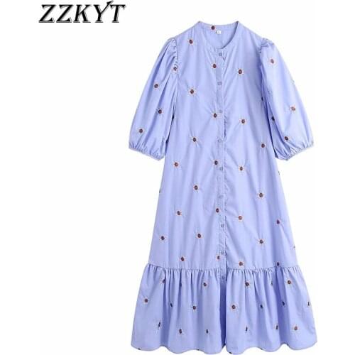 ZZKYT 2021 Women Summer Fashion Floral Embroidery Mini Dress Vintage O-Neck Single Breasted Ruffles Loose Casual Sweet Dresses
