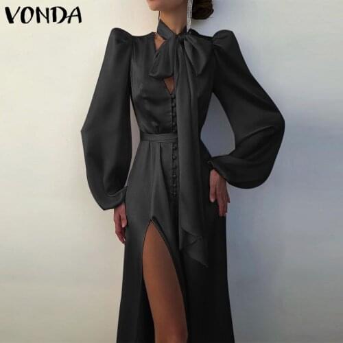 Plus Size Women Dress Casual Solid High Waist Long Sleeve Midi Shirt Dresses VONDA 2021 Sexy V Neck Long Sleeve Bohemian Vestido