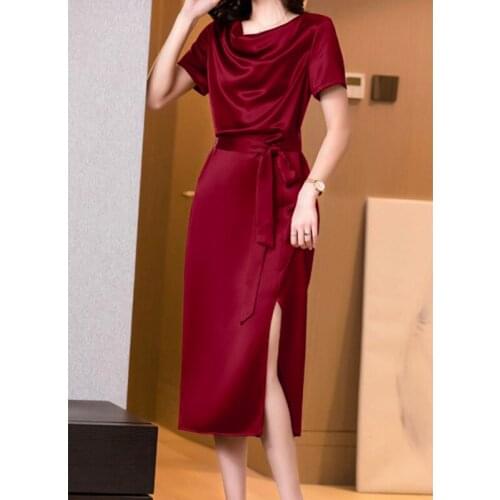 2021 Heavy Satin Silk Drop Shoulder Stand Collar Long Gray Jacquard Temperament Silk Dress Women