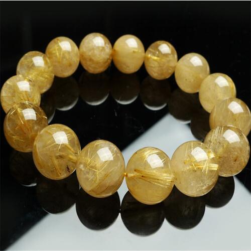 15mm Genuine Natural Yellow Hair Titanium Rutilated Quartz Crystal Round Bea Fashion Jewelry Charm Stretch Bracelet Women