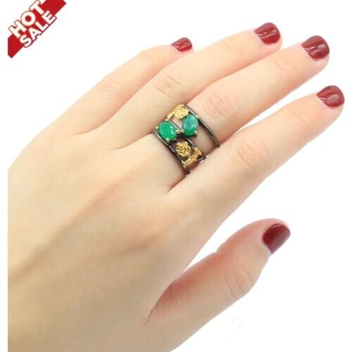 15x10mm SheCrown Real Green Emerald for Women Vintage Black Gold Color Gothic Unique Jewelry Dropship Rings