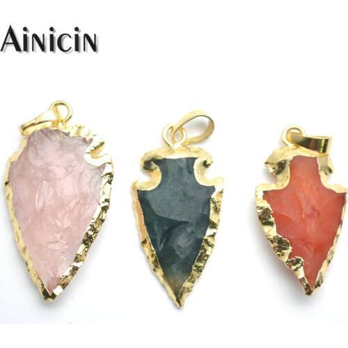 5pcs Natural Semi-precious Stone Pink Green Orange Color Arrow Head Gold Plating Pendants 20x35mm Fashion Jewelry