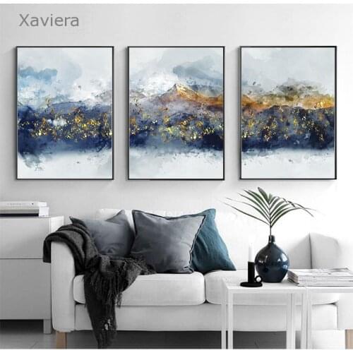 Abstract Gold Blue Mountain Canvas Painting Fashion Luxury Poster Art Picture On The Wall Modern Home Decoration Living Room