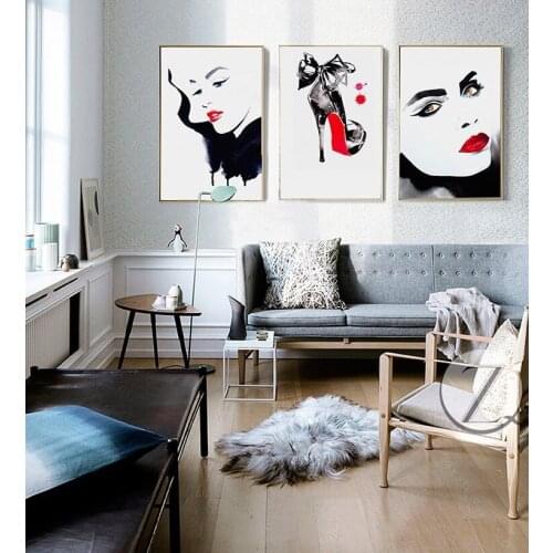 Abstract Modern Girl Red Lip High-heeled Shoes Beauty Watercolor Ink Decorative Painting Frameless Hanging Canvas Wall Art
