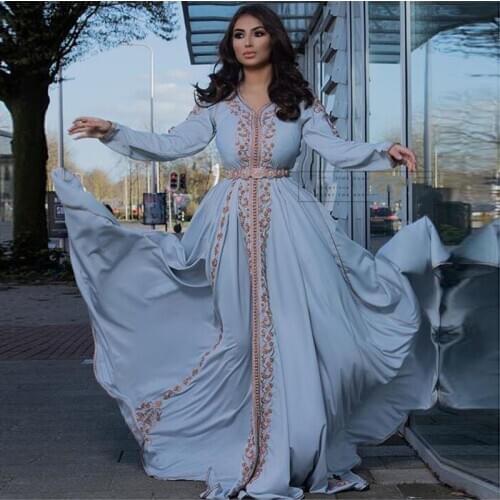 Eightale Arabic Evening Dresses Dubai Caftan Muslim Prom Gown Long Sleeves Appliques Light Blue Chiffon Kaftan Party Dress