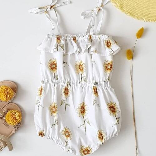 Newborn Baby Girls Lace-up Sling Bodysuits Sunflower Print Ruffles Sleeveless Elastic Casual Jumpsuit