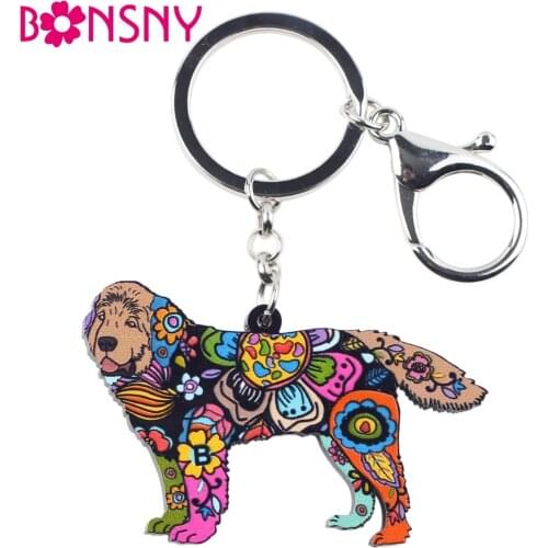 Bonsny Acrylic Dog Jewelry Newfoundland Chain Key Ring Pom Gift For Women Girl Bag Charm Keychain Pendant Jewelry