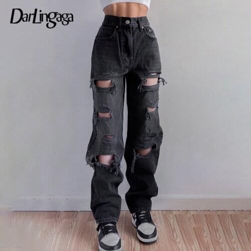 Darlingaga Streetwear Black Hole Ripped Jeans Women Y2K Punk Cargo Pants Fashion Loose Denim Trousers Retro High Waist Jeans New