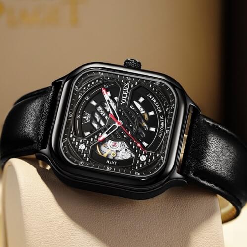 Mens Automatic Mechanical Watch Stylish Detailed Square Dial Premium Genuine Leather Band Multi-Function Mechanic Movement