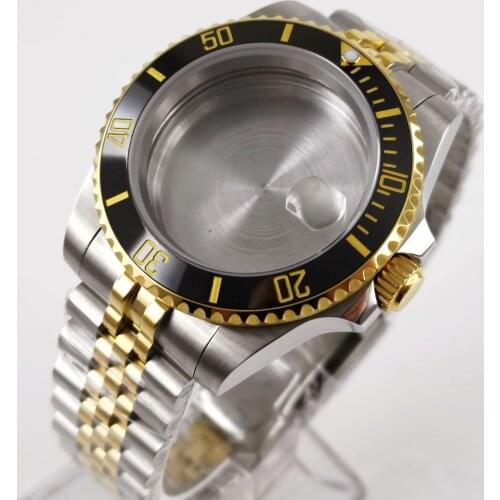 316L Stainless Steel Yellow Watch Case Sapphire Glass for NH35 NH36 Ceramic Bezel Solid Backcover Screw Down Crown