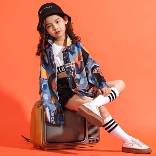 Children Hip Hop Dance Costumes for Girls Graffiti Long Shirt Black Shorts Tank Top Kids Ballroom Dancing Costume Clothes Suits