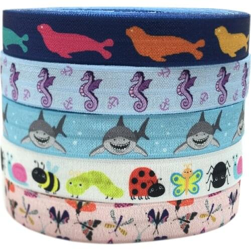 10 Yard 5/8" 15mm Shark Seahorse Bee Print Foldover Elastic FOE Spandex Band Hair Tie DIY Sewing Trim
