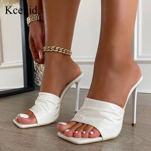 Kcenid New Arrival Summer Women Slippers Slides Pleated Open Toe Thin High heels Shoes Sandal Female Dress Party Shoes White