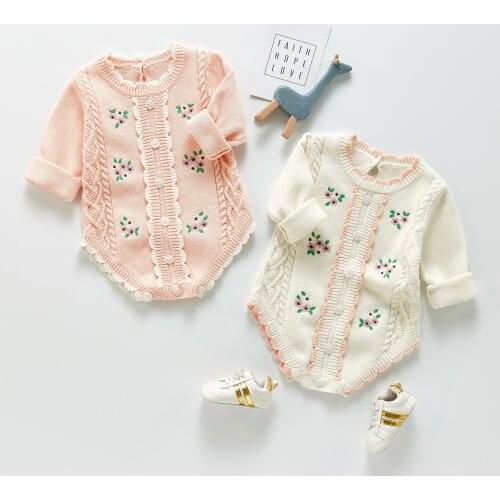 Autumn 2021 Toddler Baby Jumpsuit Princess Embroidery Infant Girls Romper Long Sleeve Knitted Clothes Cotton For Little Girls